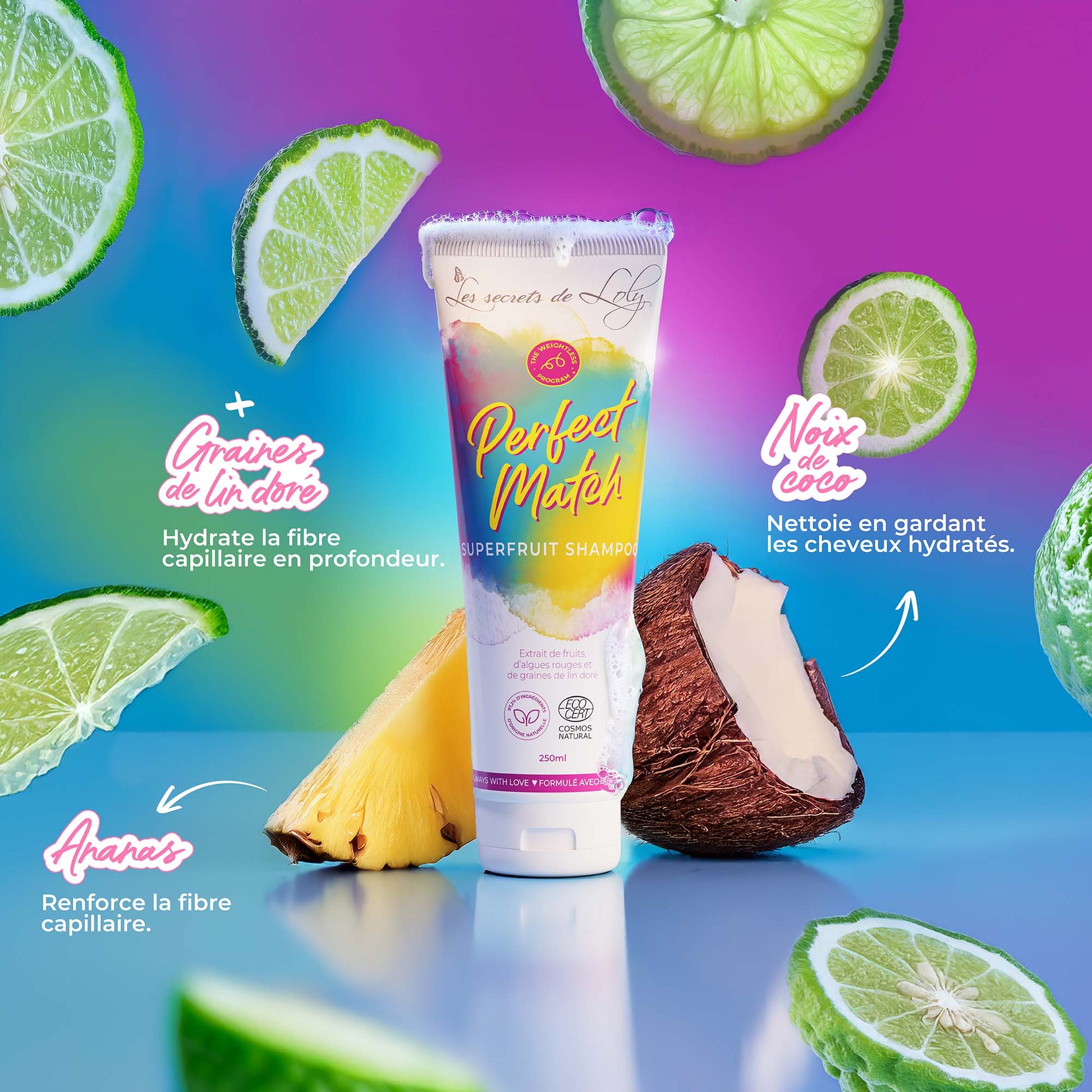 Superfruit shampoo tube with pineapple, coconut, lime, and golden flax seed, colorful background.