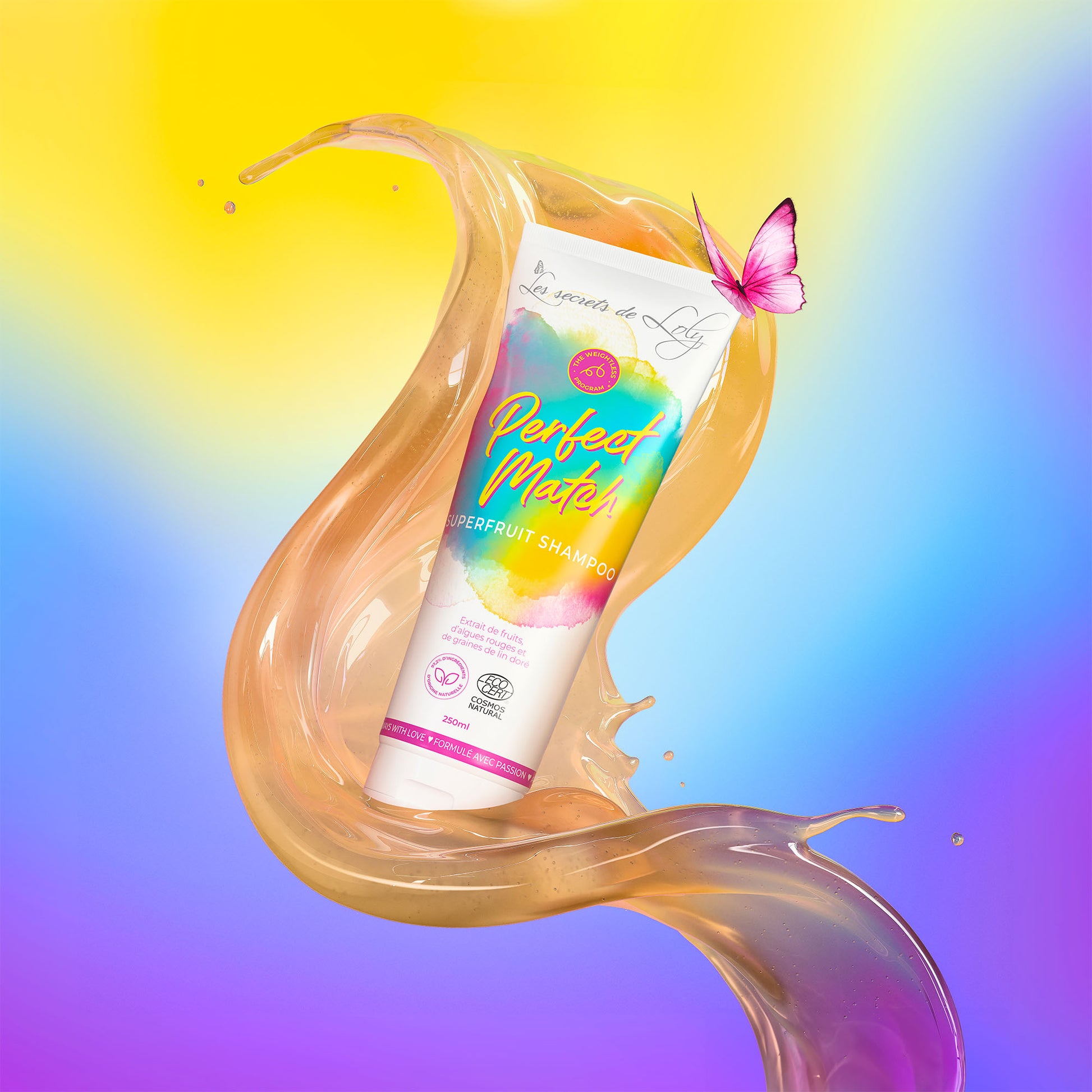 Colorful tube of Perfect Match superfruit shampoo with a butterfly, swirling gel, and vibrant gradient background.