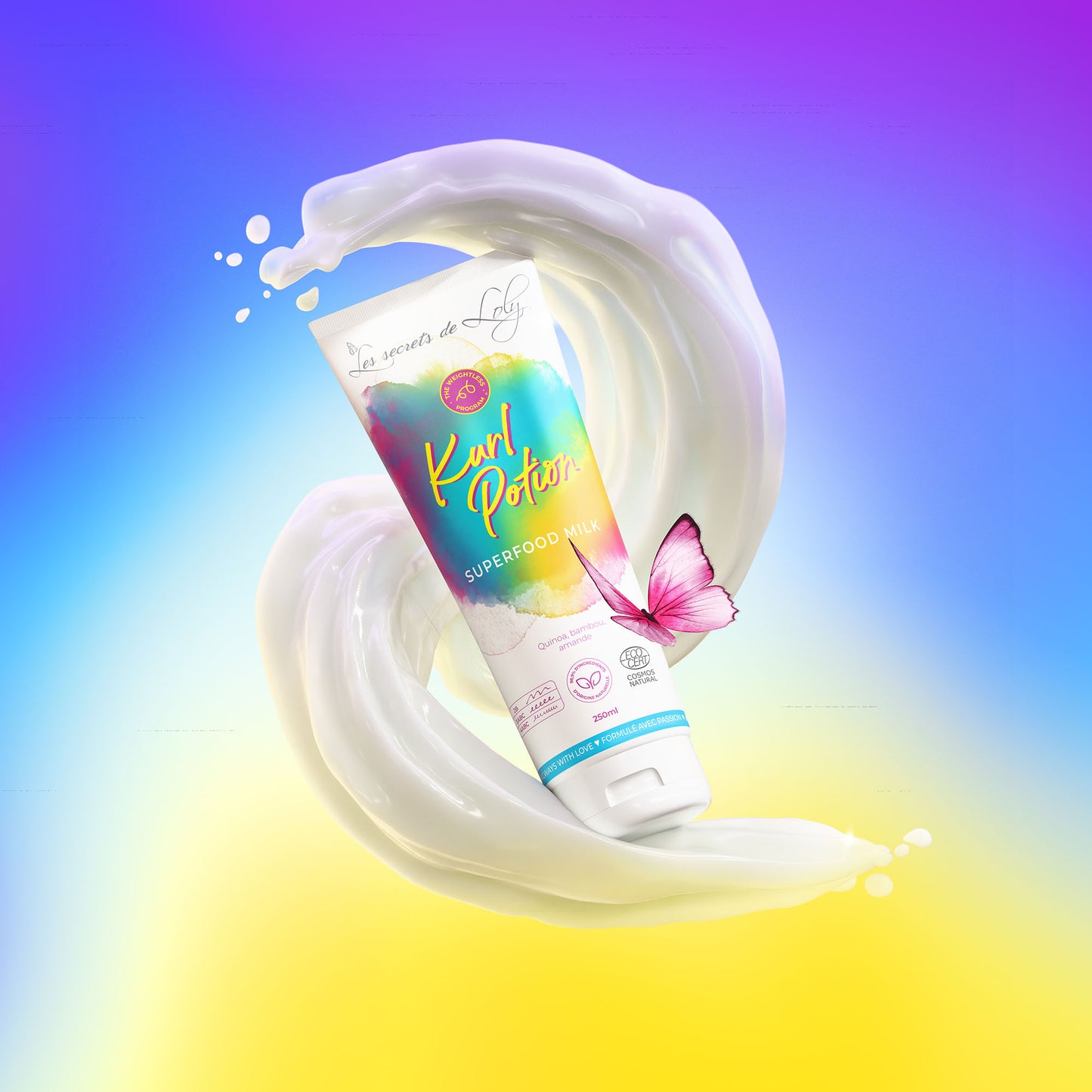 Curl Potion Superfood Milk hair cream tube with splash effect, butterfly, colorful background