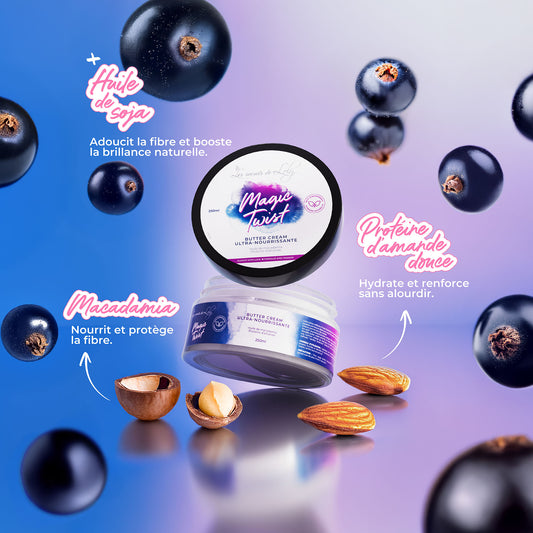 Magic Twist butter cream jar for natural hair, surrounded by macadamia, almond, and berries on a colorful background
