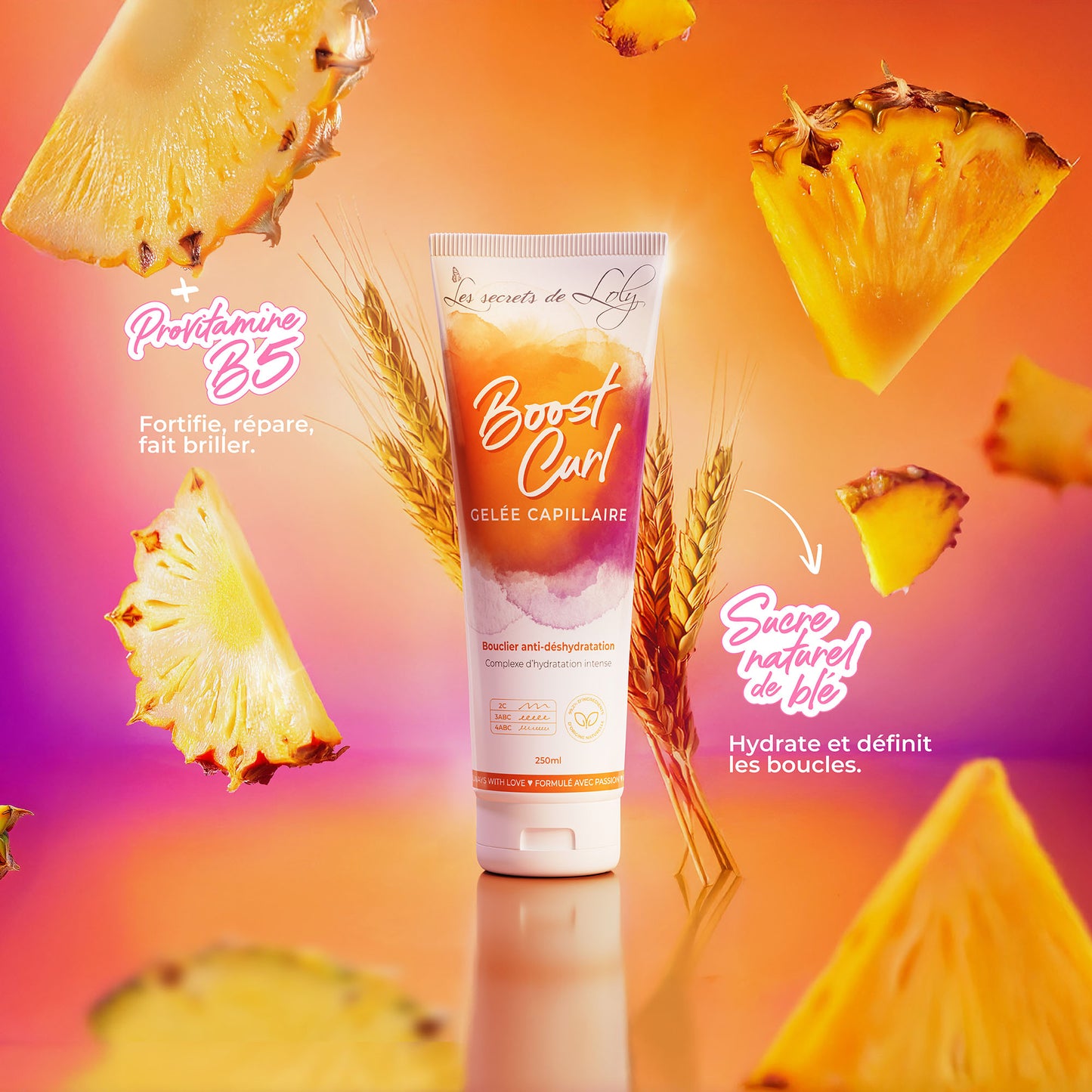 Boost Curl hair gel with wheat stalks, pineapple slices, orange gradient background, for curly hair care.