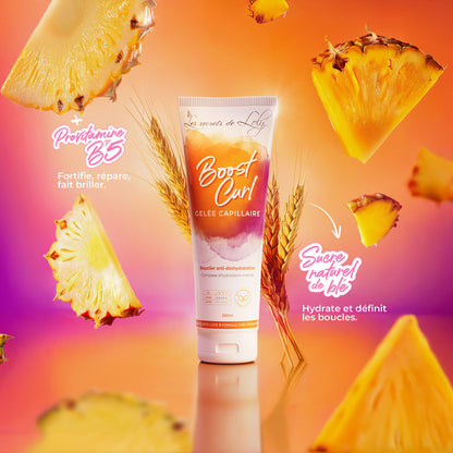 Boost Curl hair gel with wheat stalks, pineapple slices, orange gradient background, for curly hair care.