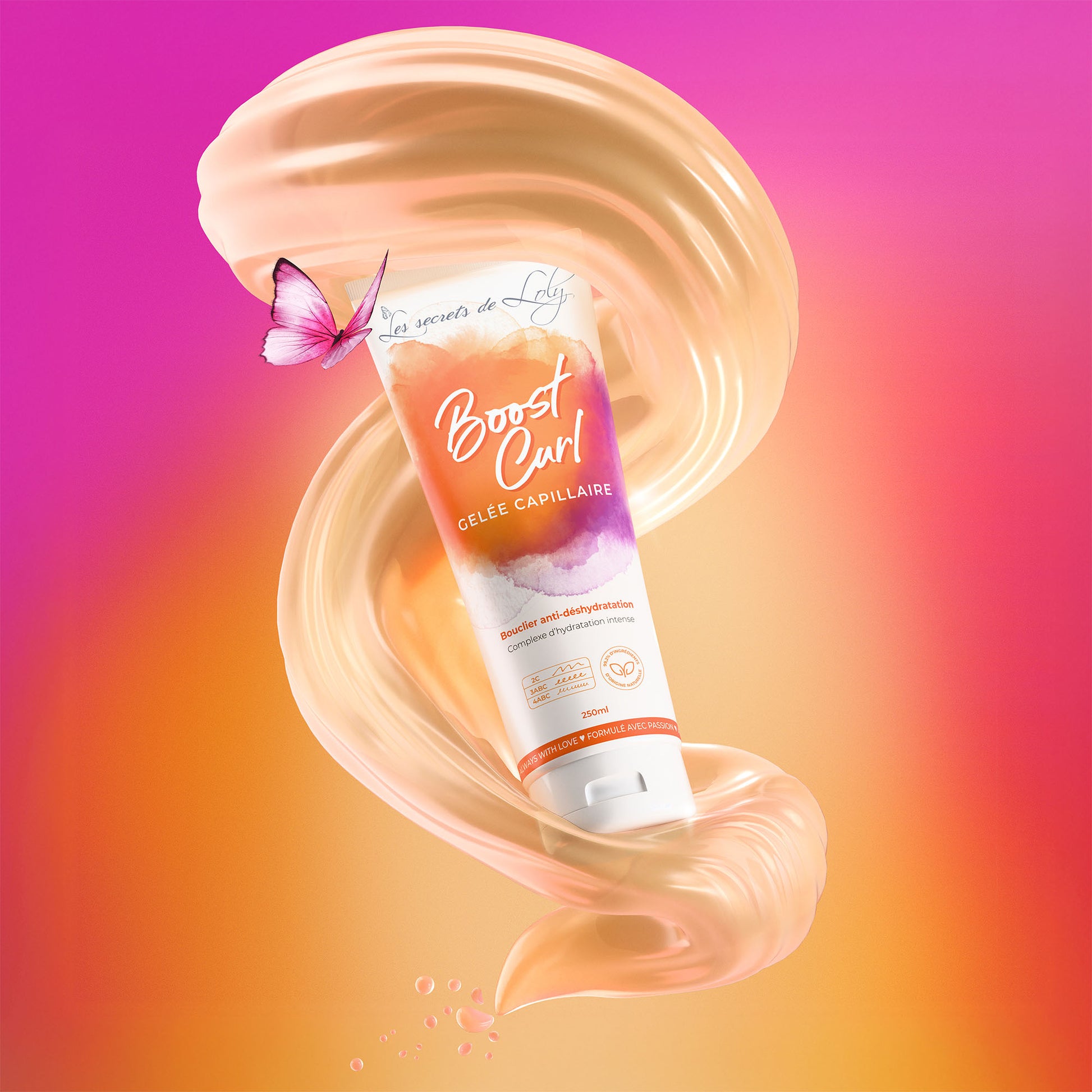 Boost Curl hair gel tube with creamy texture swirl, butterfly, on orange pink gradient background.