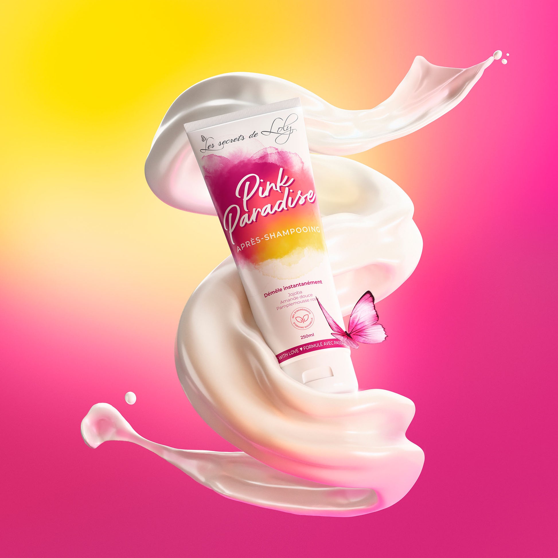 Pink Paradise conditioner tube with creamy texture and pink butterfly on a colorful gradient background