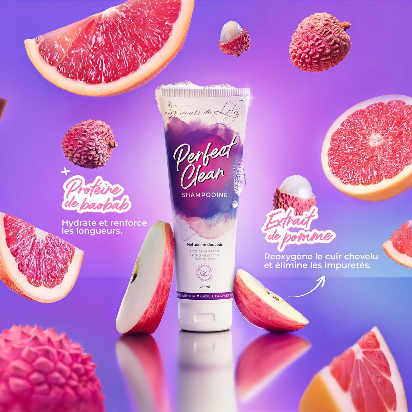 Perfect Clean Shampoo tube with lychee, apple, and grapefruit on a purple gradient background