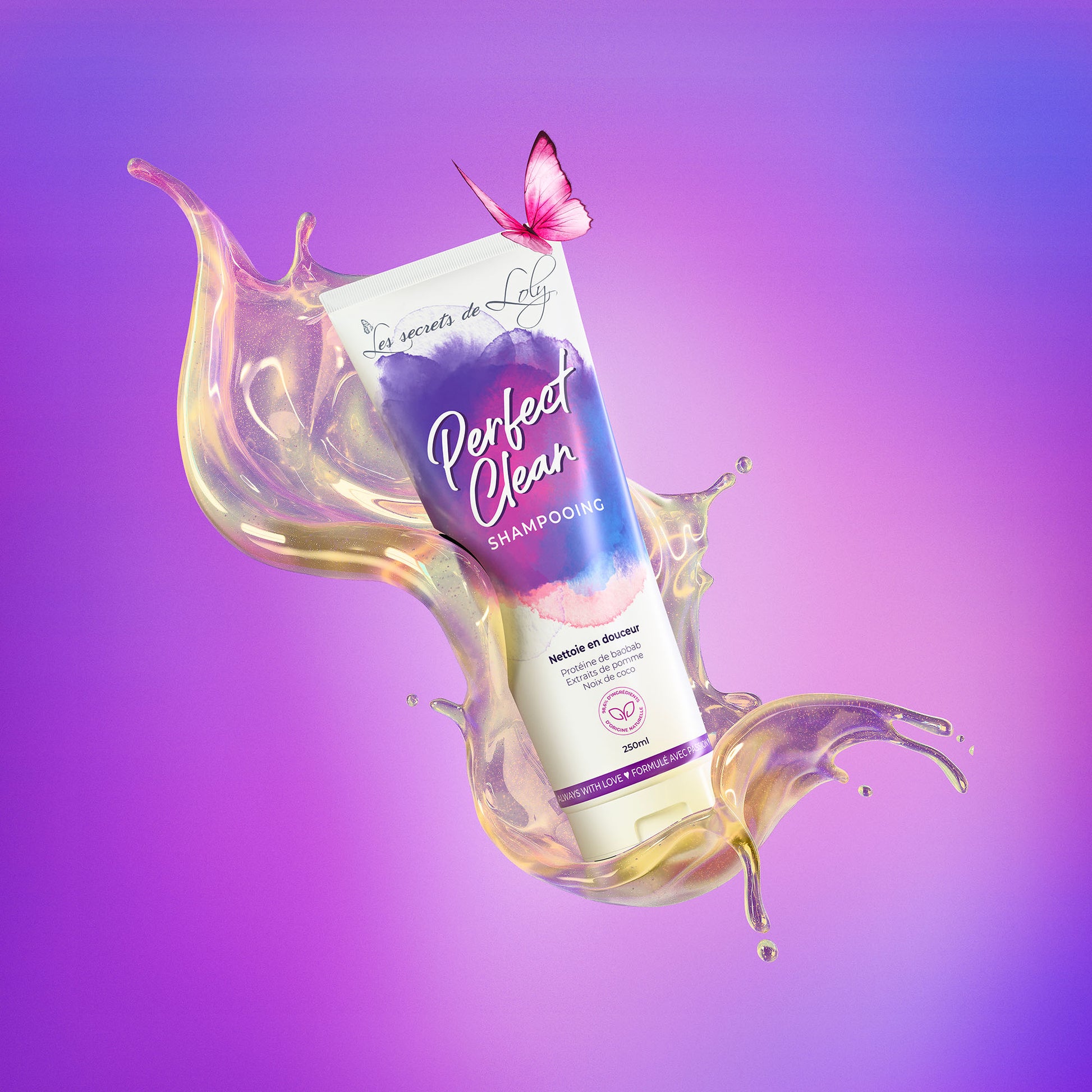 Perfect Clean shampoo tube with a butterfly, splash effect, purple gradient background