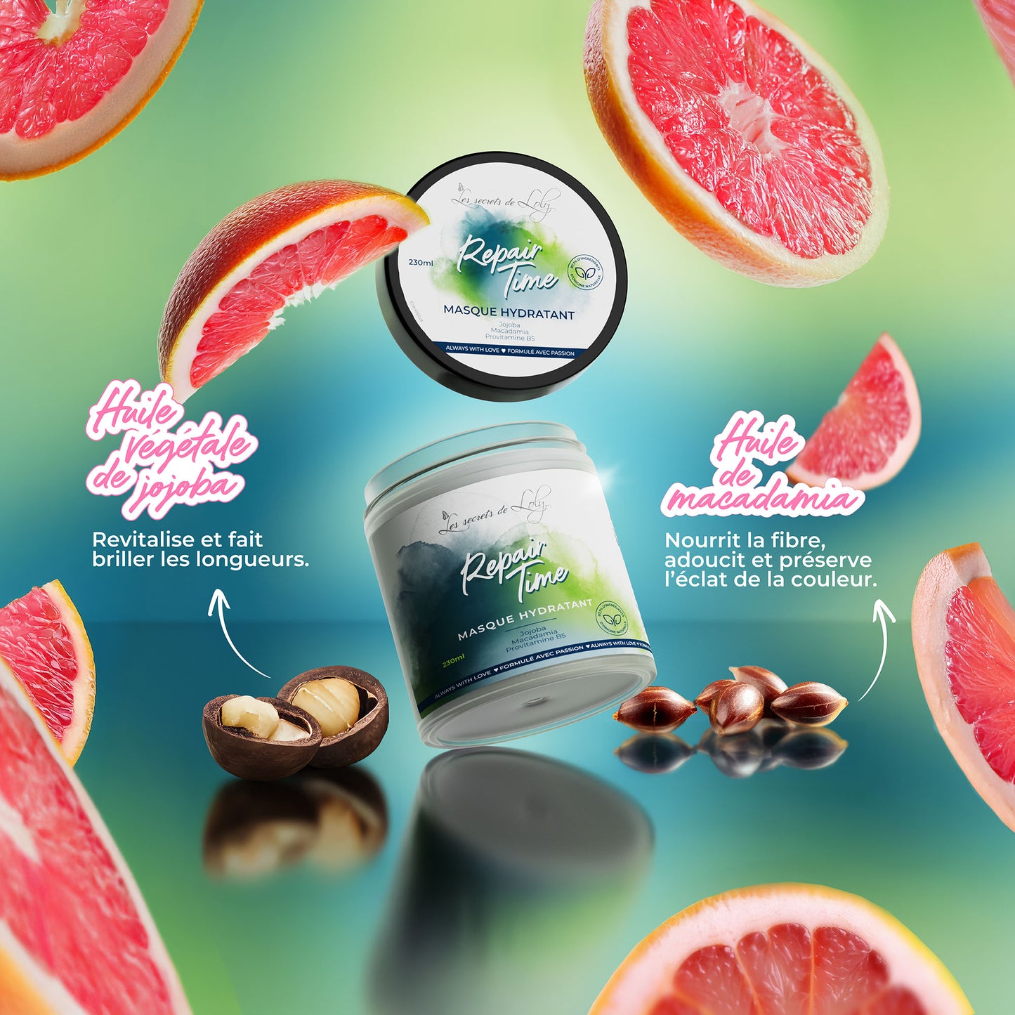Hair mask jar with French label, surrounded by grapefruit, jojoba and macadamia for natural hair care.