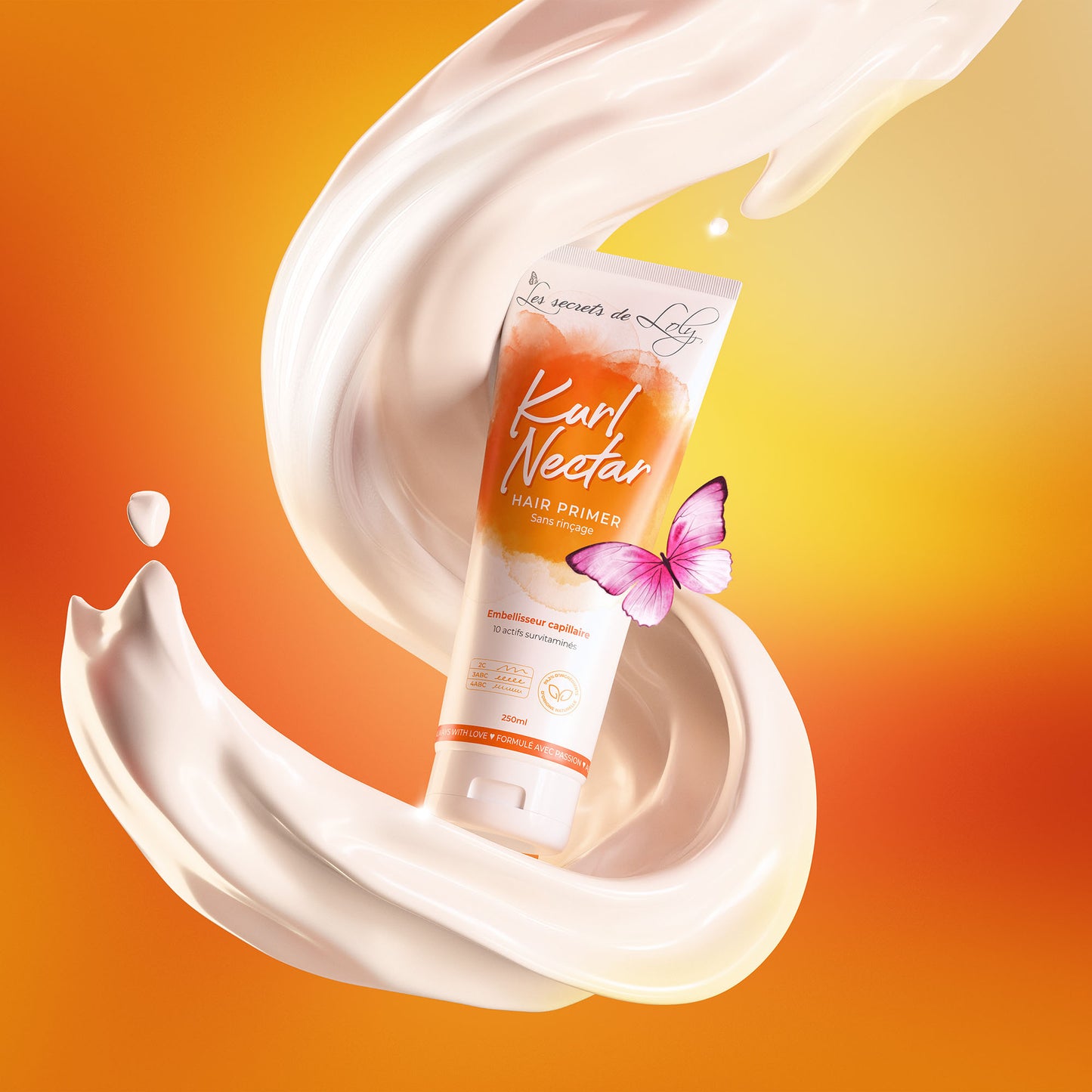 Kurl Nectar hair primer tube with creamy swirl and purple butterfly on orange gradient background
