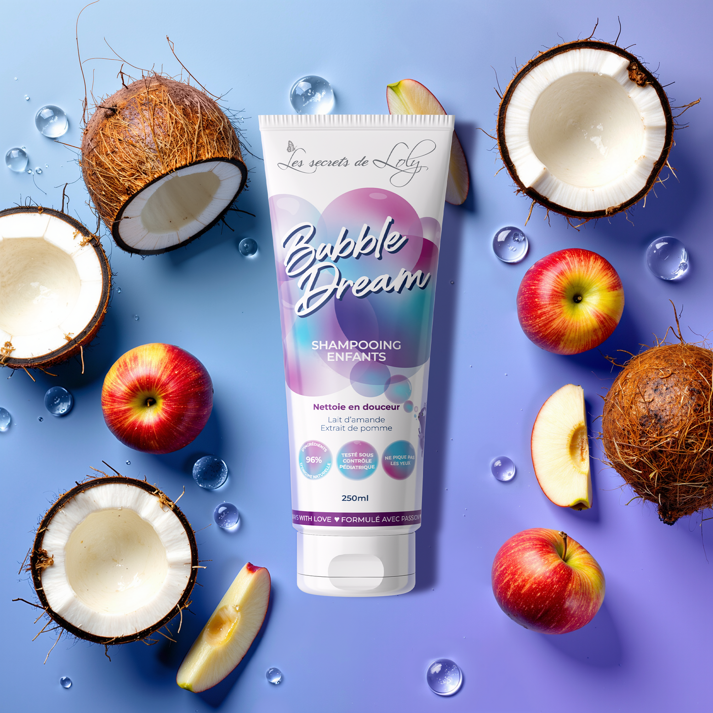 Children's shampoo tube with apple and coconut, natural hair care product on blue background