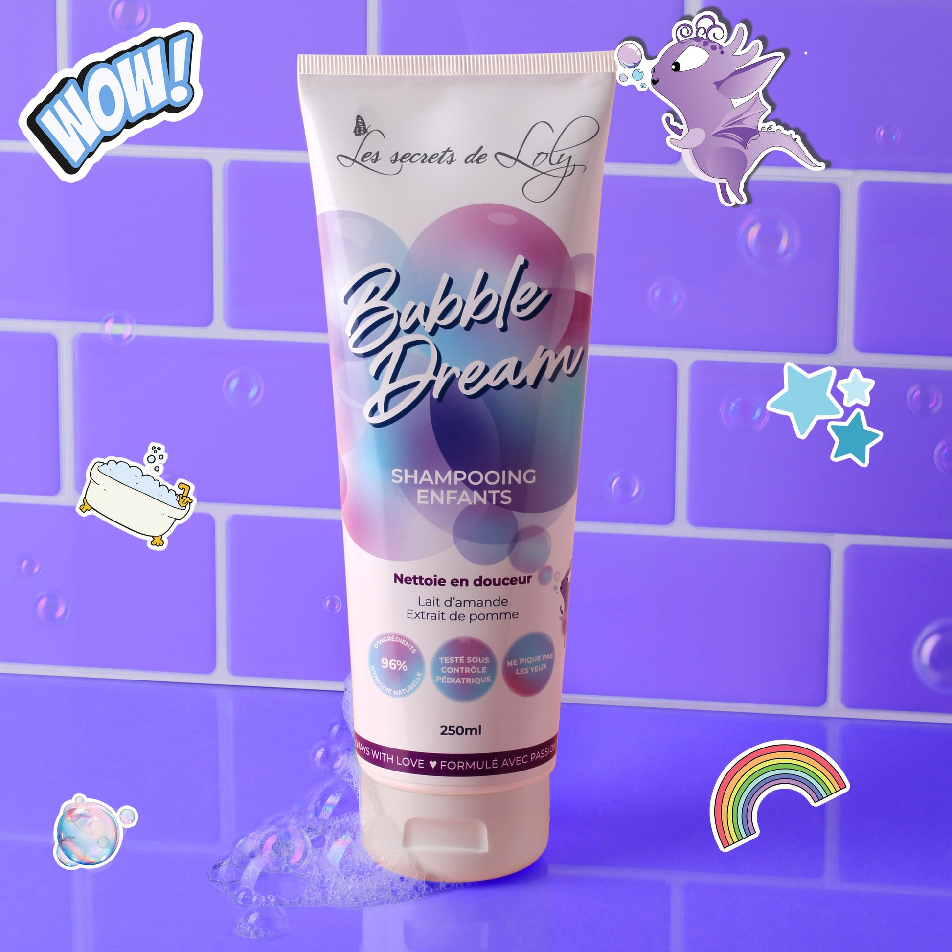 Children's Bubble Dream shampoo with almond milk, playful purple bathroom background, cartoon stickers