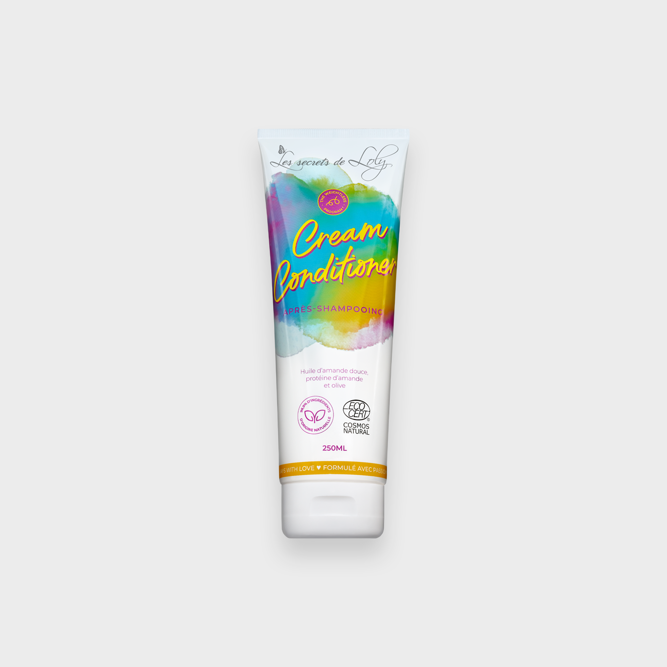 Cream conditioner tube for natural hair, colorful label, 250ml, on white background