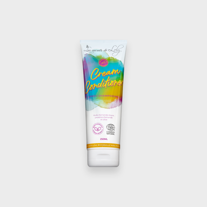Cream conditioner tube for natural hair, colorful label, 250ml, on white background