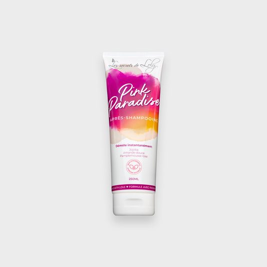 Pink Paradise après-shampooing tube for natural hair care with jojoba, almond, grapefruit.