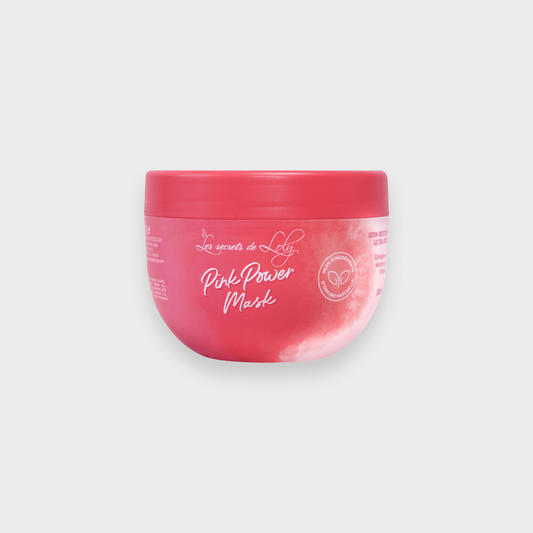 Pink hair mask jar labeled Pink Power Mask for curly, wavy, and natural hair care